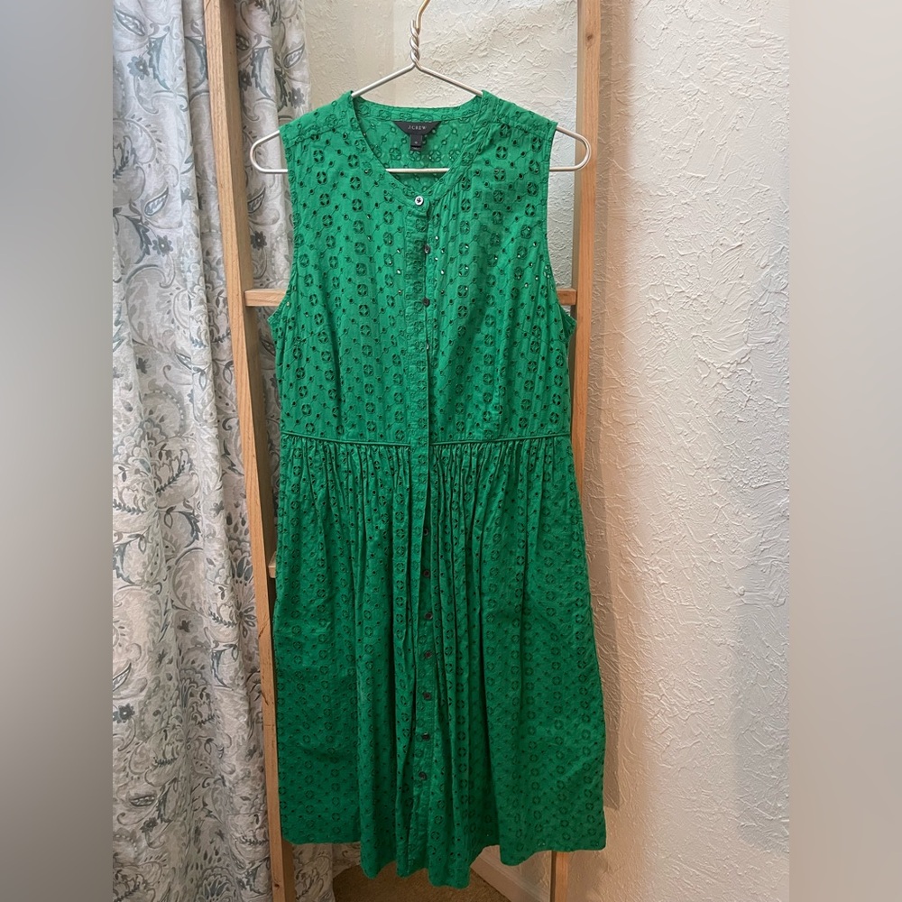 J Crew Eyelet Shirtdress 12 Warm Clover Button Up Front Sleeveless Midi G6013